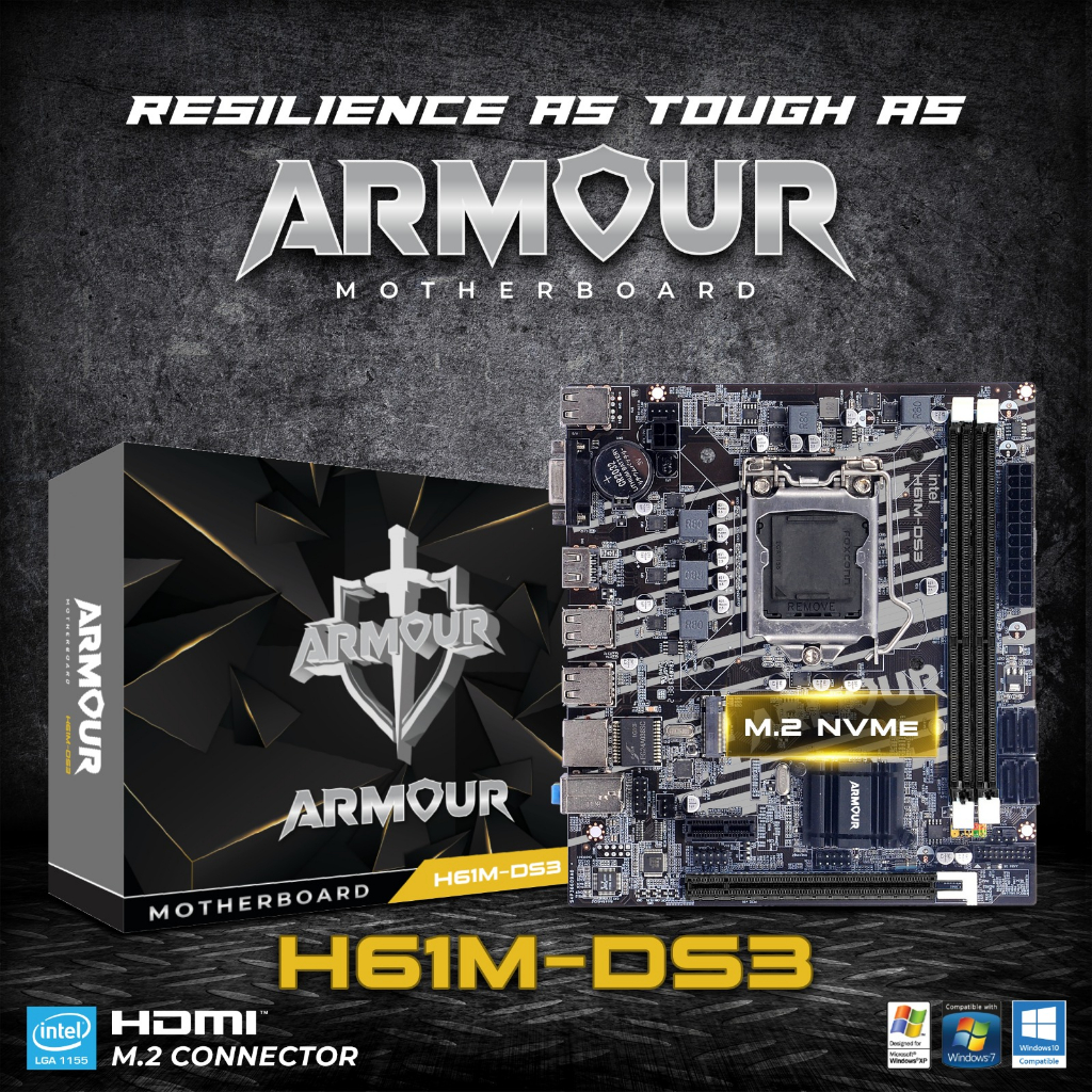 MOTHERBOARD H61 ARMOUR H61M-DS3 H61 SUPPORT SSD M2 NVME GARANSI RESMI
