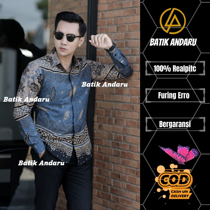Batik Andaru Motif Kamal Baju Batik Pria Slimfit Lengan Panjang Full Furing Ero Warna Biru Denim