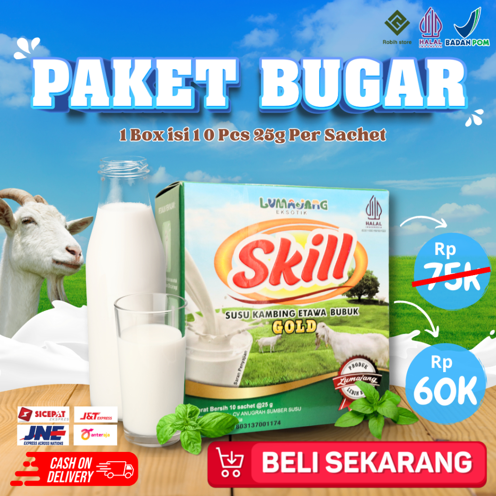

PAKET BUGAR SUSU SKILL - Susu Kambing Etawa Skill Original 1 Box Isi 10 Pcs 25g Per Sachet