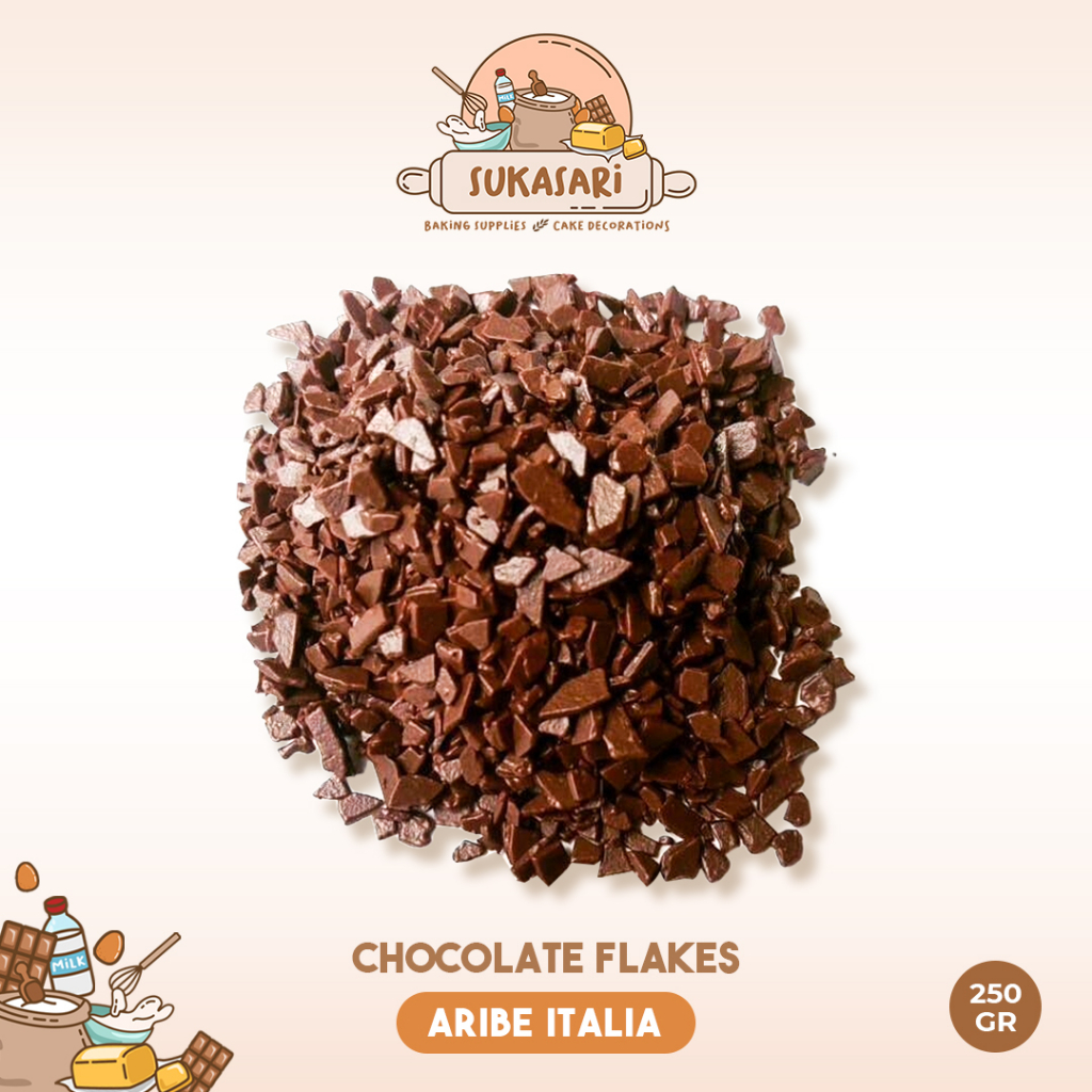 

Sukasari - Aribe Chocolate Flakes 250gr Repack / Cokelat Tabur Topping Kue / Coklat Flake / Serpihan Coklat