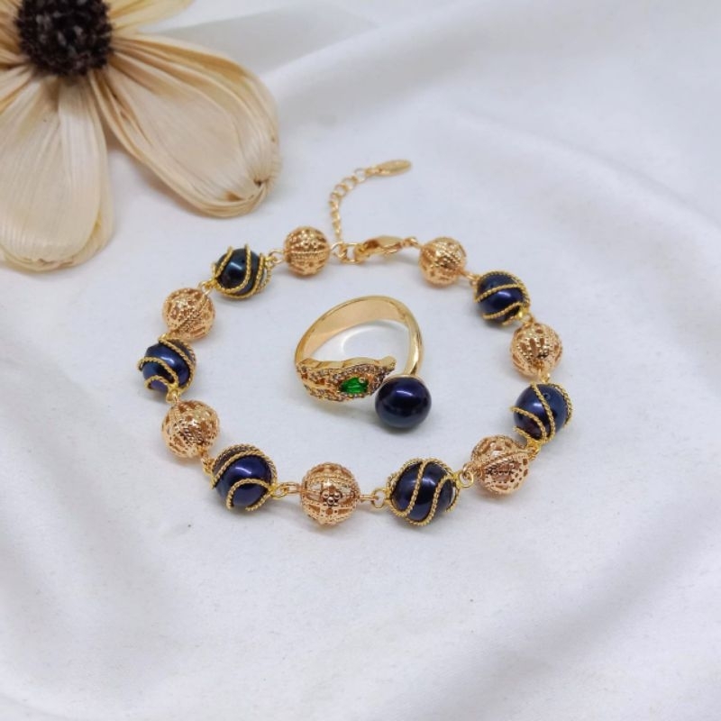 Asatu set gelang dan cincin mutiara hitam asli mewah
