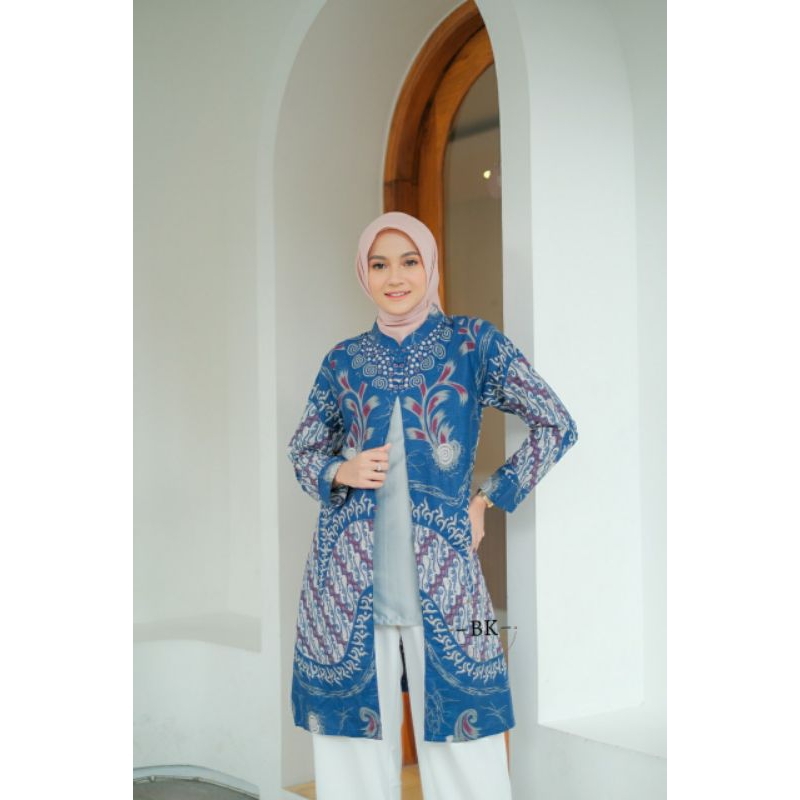 Tunik Batik Bolero Biru ( Adisha Collection ) Tunik Bolero Wanita Tunik Bolero Lengan Panjang
