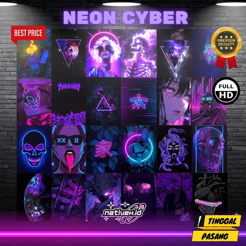(Isi 24 Pcs) Poster Dinding Aesthetic | Poster Dinding Tema Neon Cyber | Poster Dinding Neon | Poste