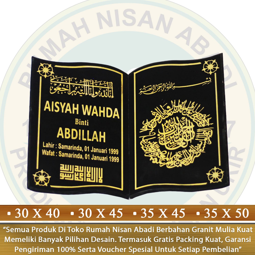 Batu Nisan Prasasti Tulisan Papan Nama Ukiran Maesan Makam Granit Model Bentuk Buku Alquran Kijing K