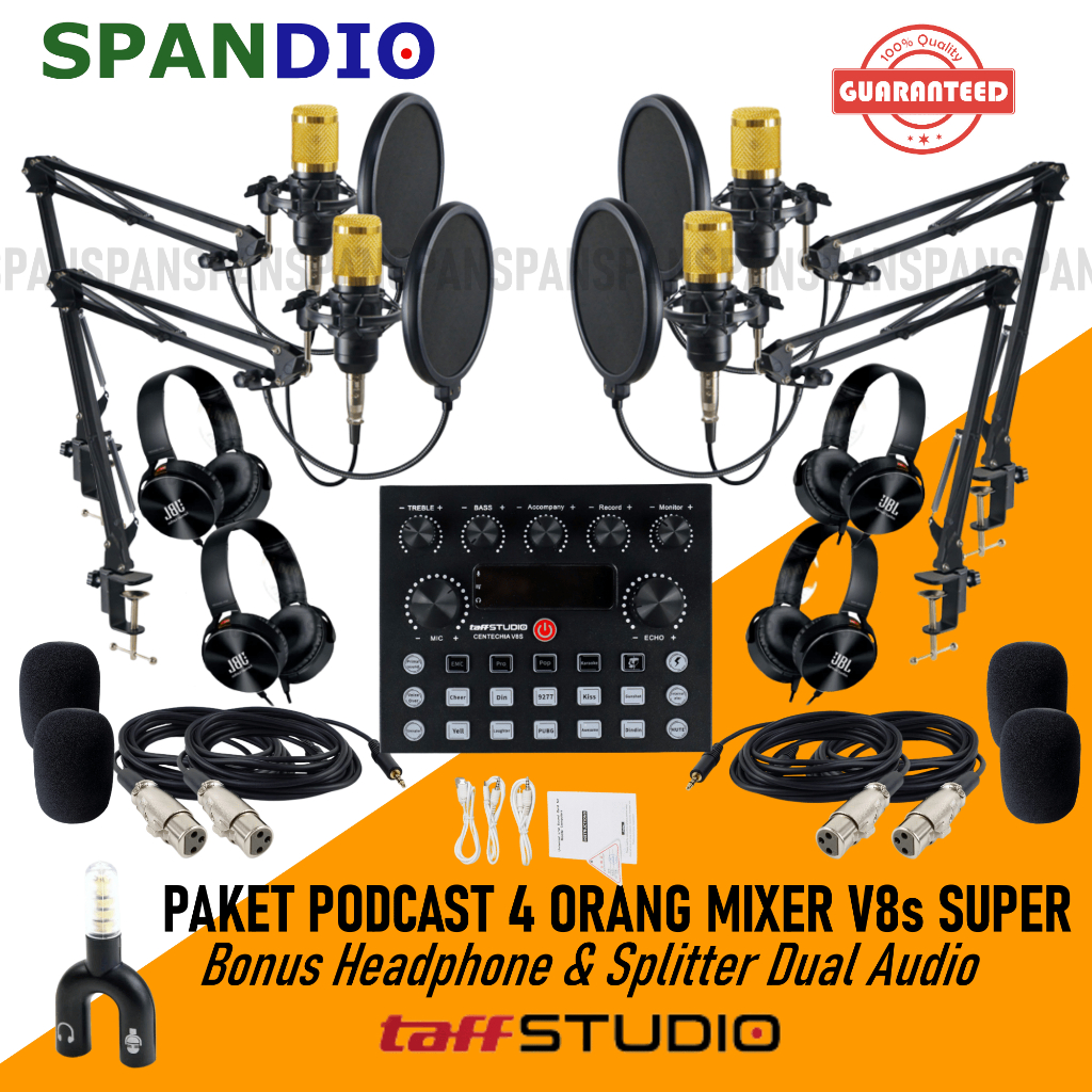 PAKET PODCAST 4 Orang Mic Bm800 Mixer V8s Headset Stand Arm Lengkap