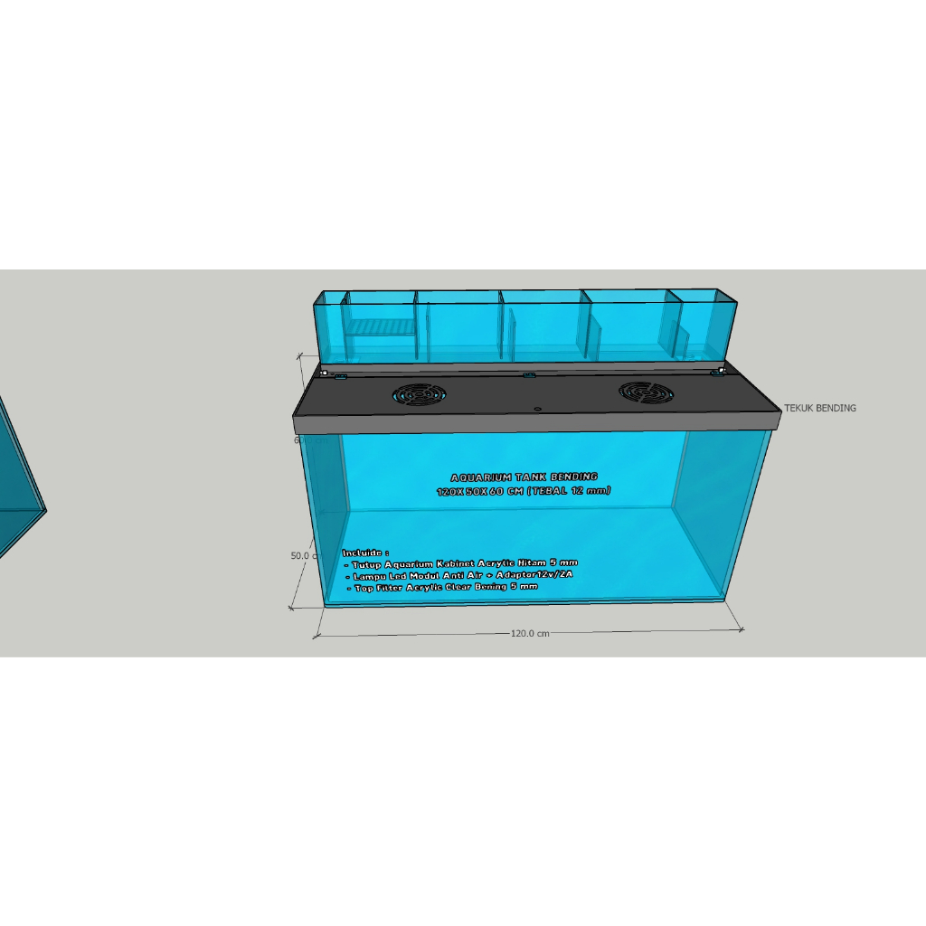 CUSTOM ACRYLIC AQUARIUM TANK BENDING 120X50X60 CM PLUS TUTUP DAN LAMPU