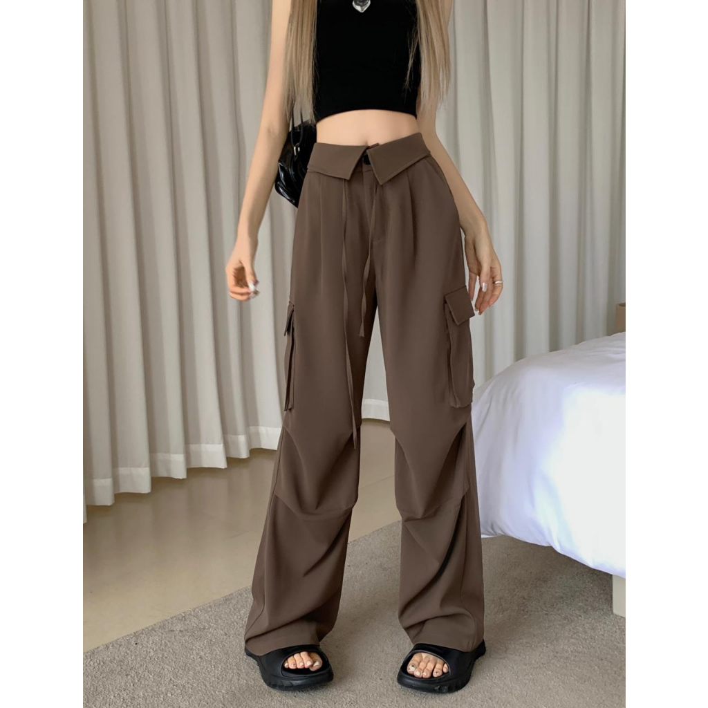 XIAOZHAINV Korean Style Celana Kargo Premium Cargo Pants Highwaist Casual Celana Premium Cargo Pants Kekinian Kulot Hitam HW0855