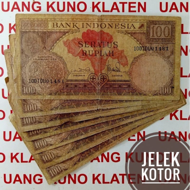 Asli Jelek 100 Rupiah Tahun 1959 Seri Bunga Rp Burung Uang Kertas Kuno Duit Lama Indonesia Original