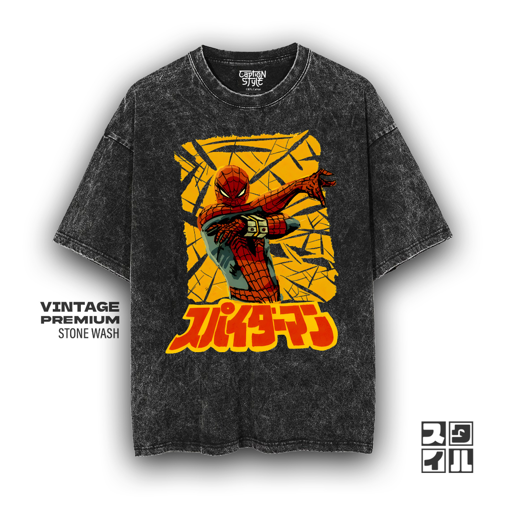 Caption'Style Baju Kartun Spiderman JAPAN Kaos Stonewash | Kaos Oversize Wanita | Kaos Pria | Kaos K