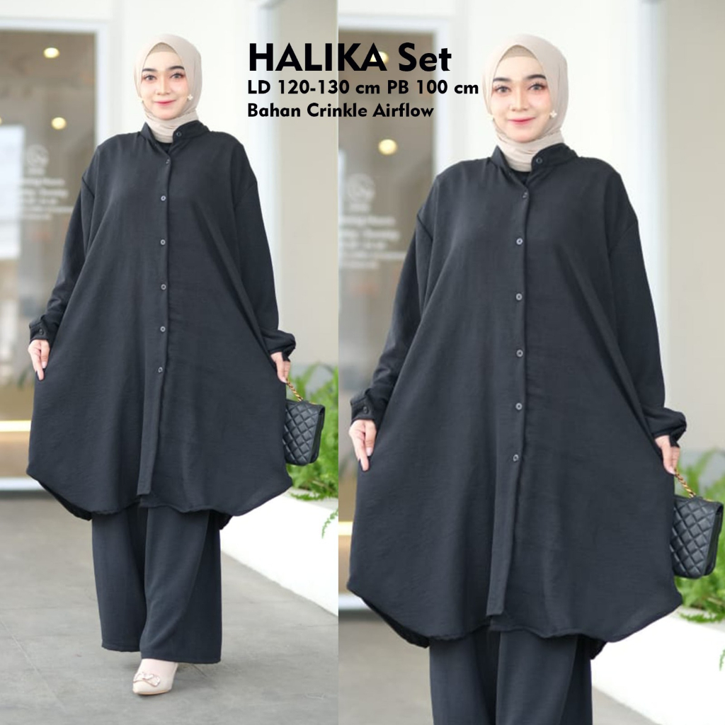 Setelan Polos Jumbo LD 130 Set Wanita Atasan Tunik Bawahan Celana Panjang Muat Bb 100 Bahan Crinkle 
