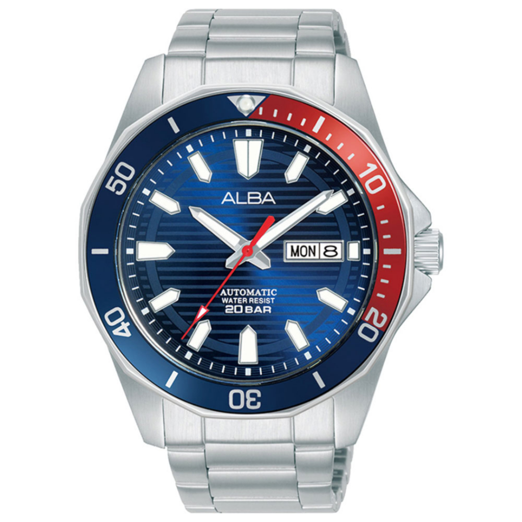 JAM TANGAN PRIA ALBA AL4455 AL4455X1ANALOG AUTOMATIC SILVER BLUE PEPSI STAINLESS STRAP