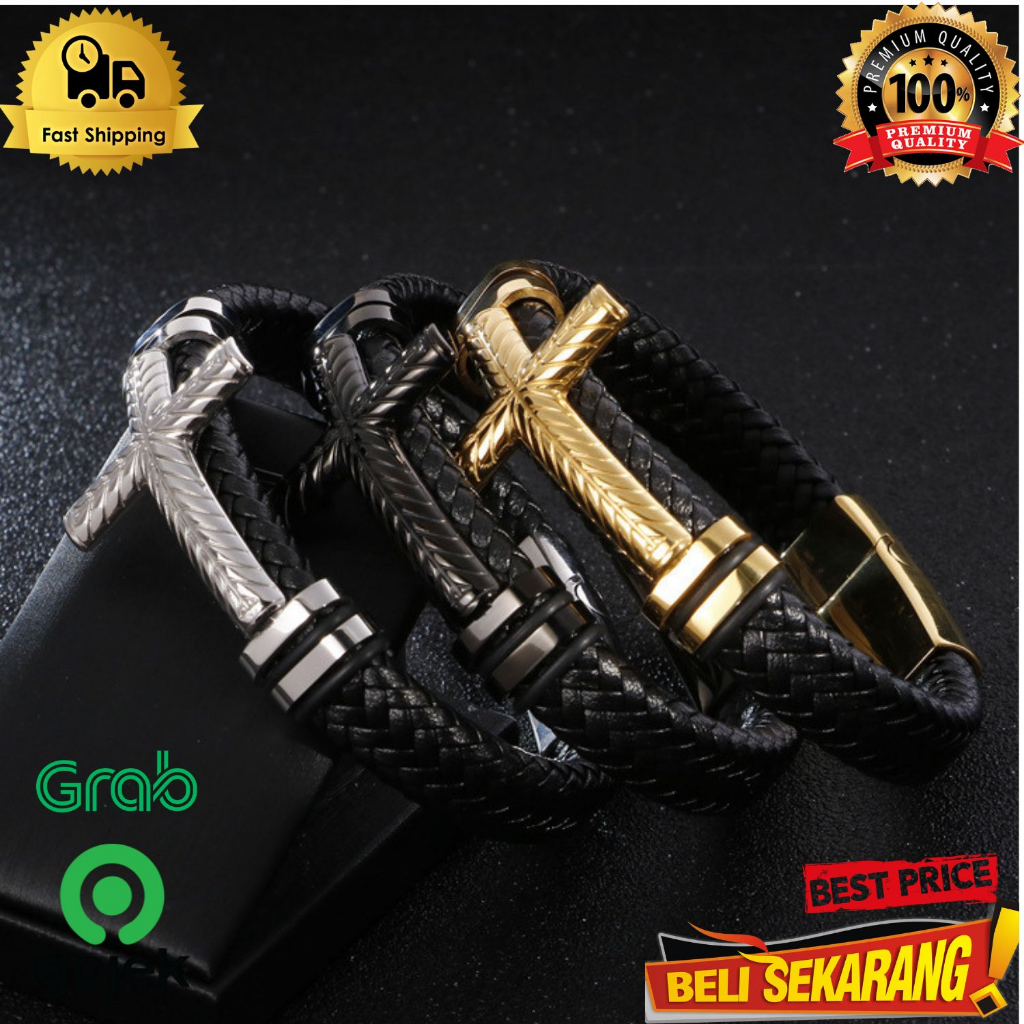 Gelang salib hitam kulit asli magnet men bracelet titanium gold ,/ gelang salib / gelang hitam / gel