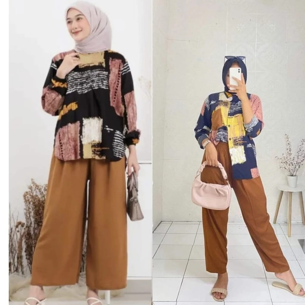 SETELAN RAYON ABSTRAK KOMBINASI CELANA CRINKLE TERBARU  / ONE SET MOTIF KAYU KEKINIAN - COD