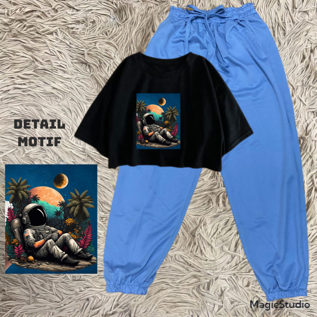 JBF One Set Baju Remaja Kekinian Setelan Joger Supernova Dan Crop Top Astronot Relax