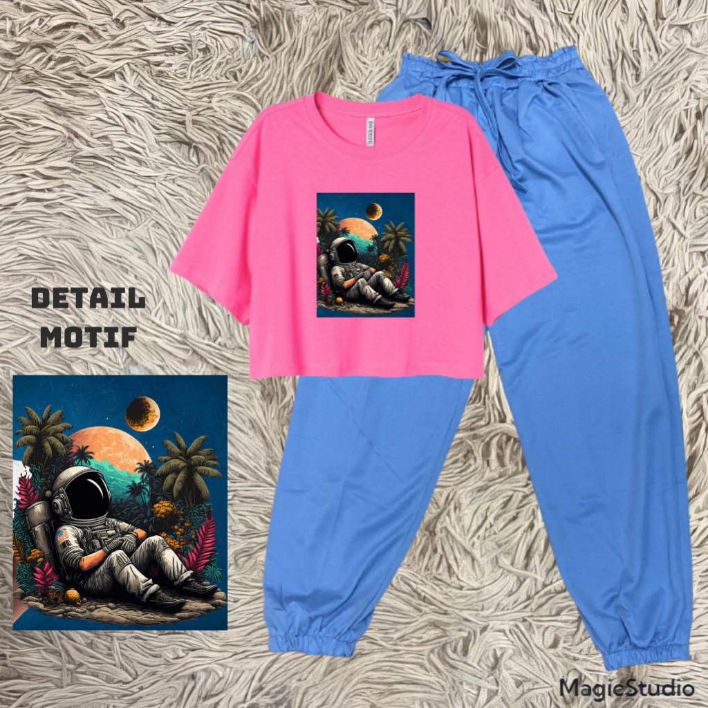 JBF One Set Baju Remaja Kekinian Setelan Joger Supernova Dan Crop Top Astronot Relax