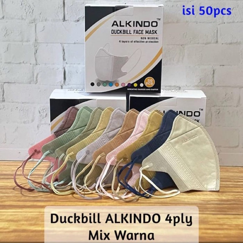 MASKER DUCKBILL GARIS ALKINDO MIX WARNA WARNI  WARNA TALI SENADA (50pcs)