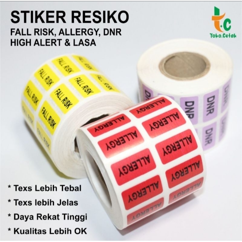 

STIKER PENANDA RESIKO PASIEN ISI 2.500 PCS / STIKER PENUNJANG MEDIS / FALL RISK, ALERGI, DNR, HIGH ALERT & LASA