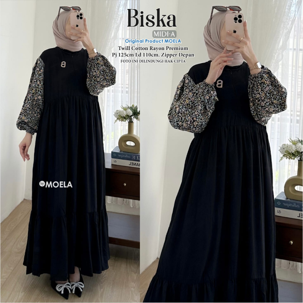 [LD 110] BISKA MIDI DRESS HITAM MOTIF PREMIUM KATUN RAYON PREMIUM ORI BY MOELA
