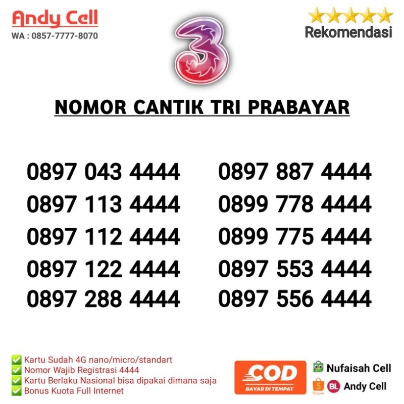 nomor cantik tri 11 Digit Prabayar kwartet