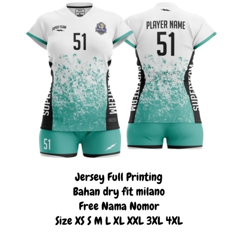 Setelan Kaos Jersey Voli Futsal Bola Cewek Perempuan Full Printing Hijau Putih Hitam 51