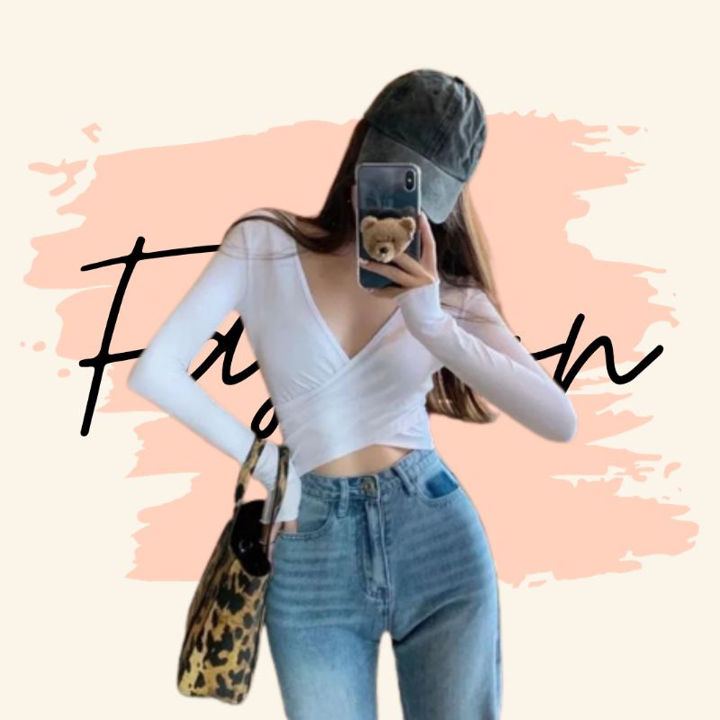 KENSHOP - Blouse V-Neck Atasan Wanita Lengan Panjang (S-XL)