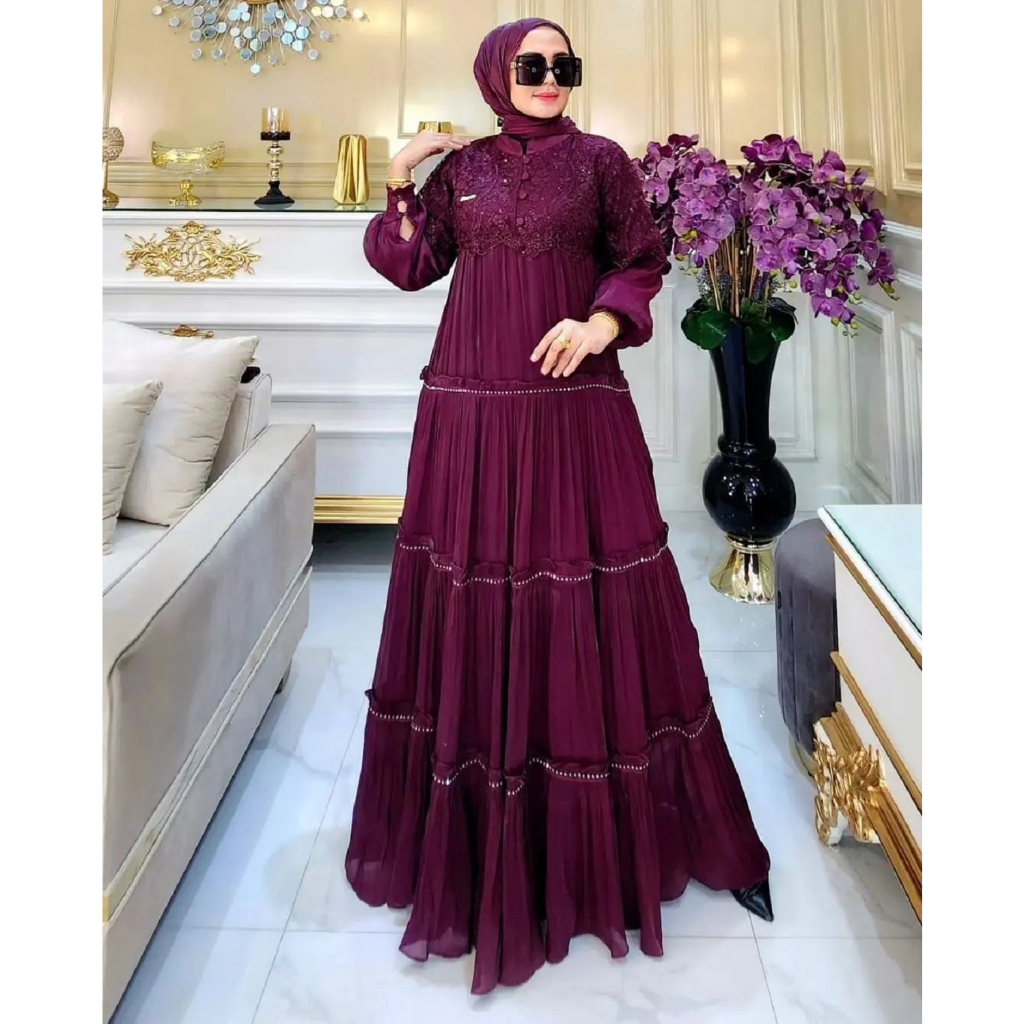 [COD] Jelita Dress Gamis Brukat Ibu-Ibu Bahan Shimer Satin Silk Premium Import Kancing Depan Rempel 