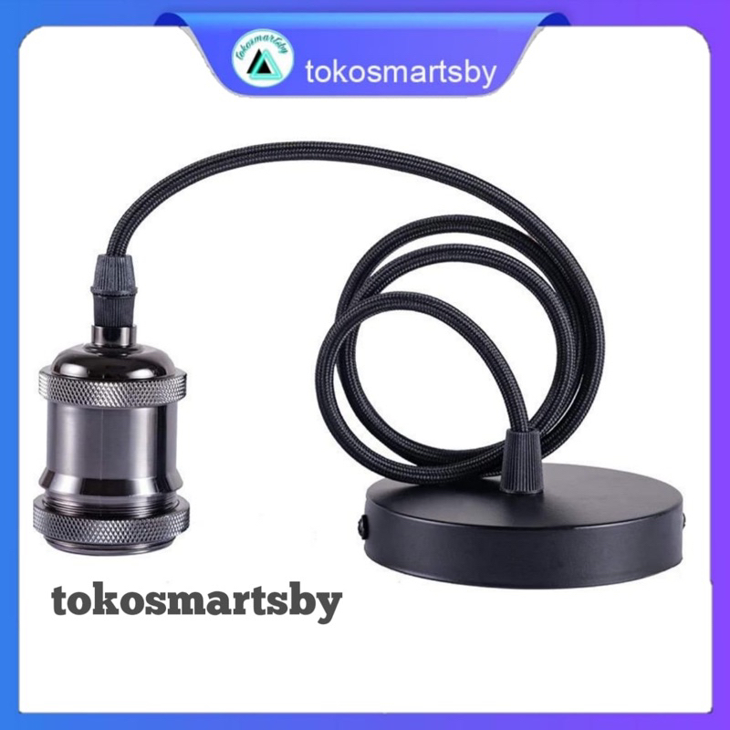 Fitting Lampu Gantung E 27 Hitam Metalik Alumunium + Kop Kabel
