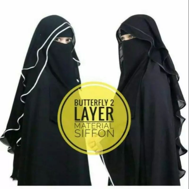 Cadar Niqab Yaman Butterfly 2 Layer Full Bisban / Cadar Niqab Butterfly List Bisban Hitam-Putih Ceru