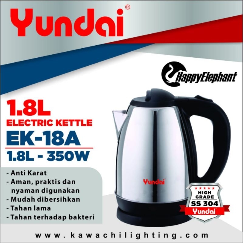 TEKO LISTRIK / PEMANAS AIR KETTLE 1,8LTR STAINLESS STEEL SS 304 YUNDAI