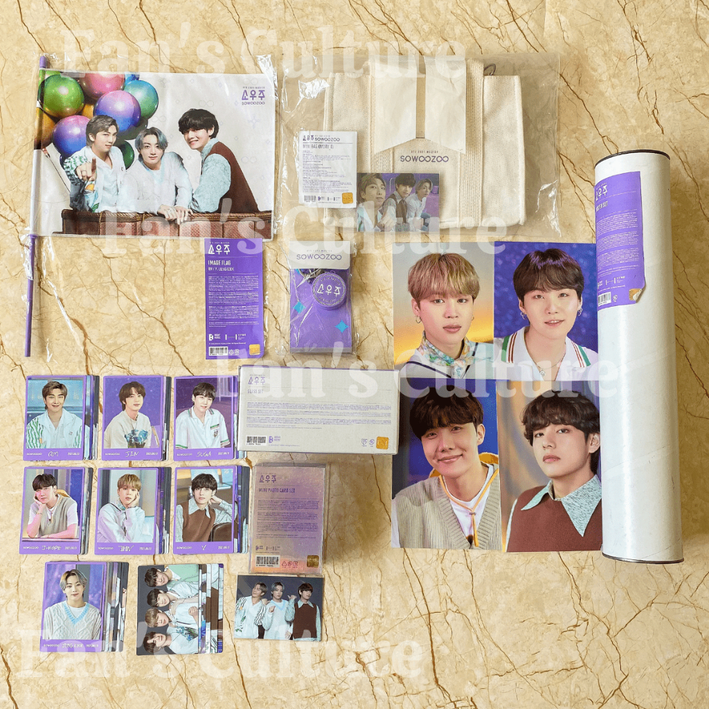 [READY STOCK] BTS Sowoozoo Merch - Image Flag NamTaeKook/Mini Bag Ivory/Voice Keyring/Glass/Stand PC
