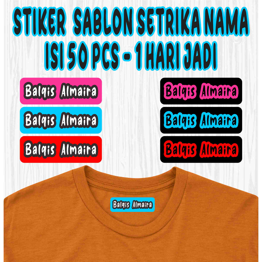 

Sticker Label Nama Kain Background Dan Contour Sablon Setrika DTF Tulisan Nama di Setrika Untuk Label Pakaian Baju Kaos Topi Aman dicuci Waterproof 1 Pack isi 50 pcs Bisa Custom Muka Wajah Sendiri