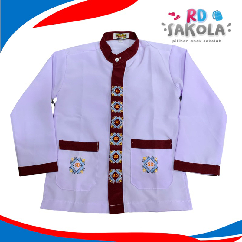 Baju Sekolah Muslim SD Panjang Putih Lis Merah | Seragam Sekolah Ridho