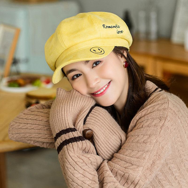 Topi Baret Bordir Senyum Katun Lucu untuk Wanita Topi Oktagonal Versi Korea Impor