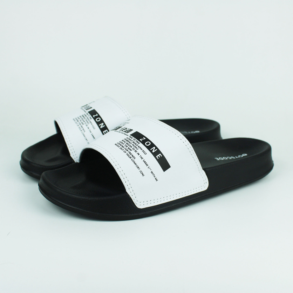 Sendal Selop Karet Distro Pria Wanita BOYSCODE Comfort Zone Hitam Putih / Slop Pria / Slip On Pria / Slide Pria