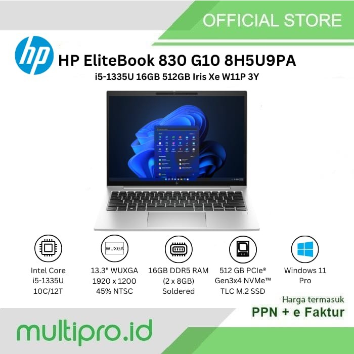 HP EliteBook 830 G10 13.3” i5-1335U 16GB 512GB SSD W11P 3Yr 8H5U9PA