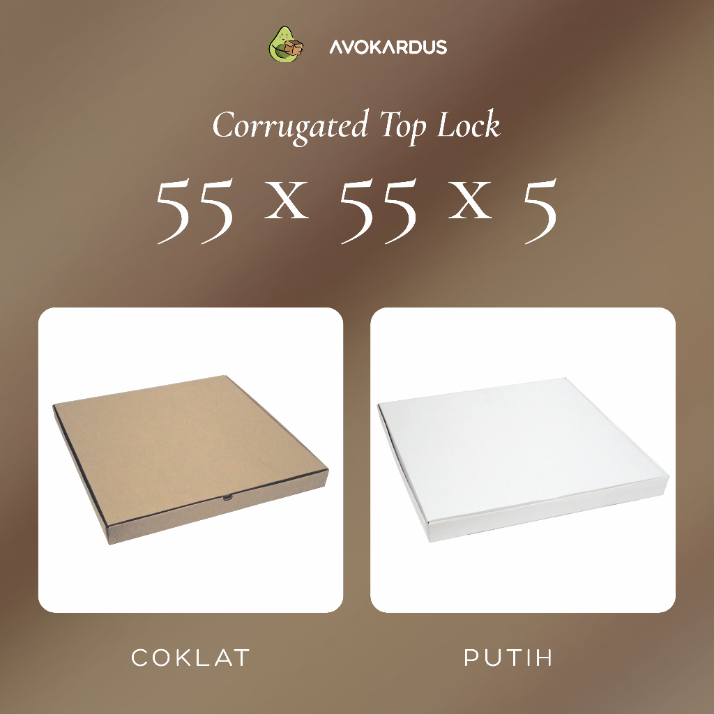 

Kardus Corrugated Die Cut 55x55x5 Top Lock Kotak Dus Pizza Coklat Putih Kraft