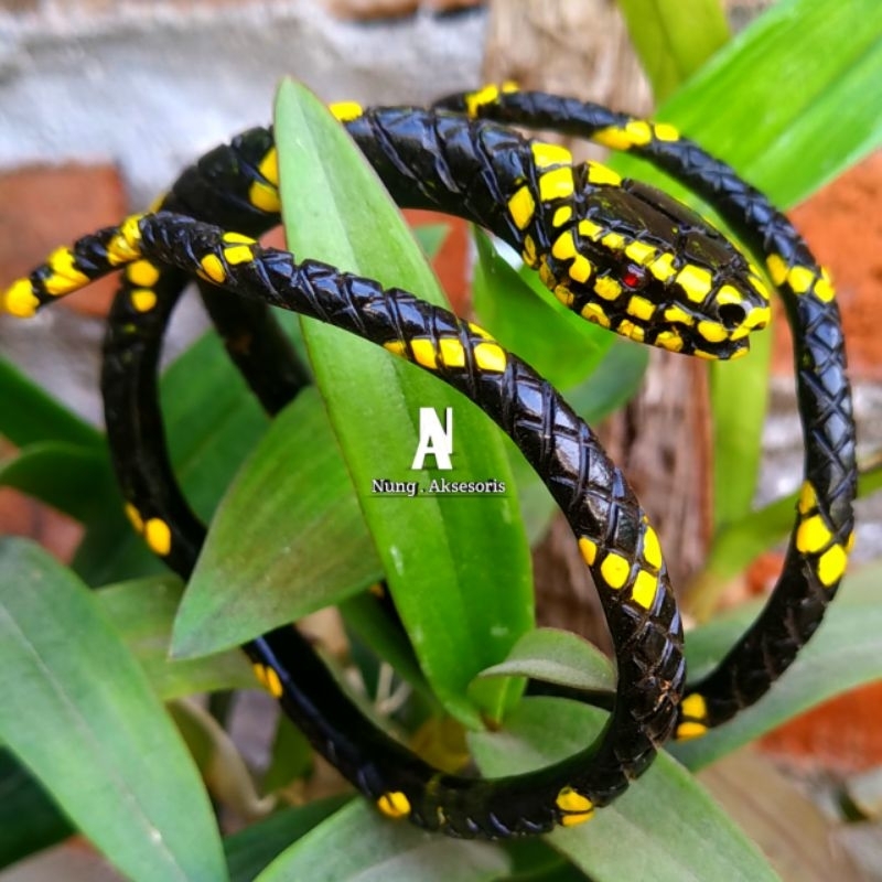 gelang akar bahar asli hitam ukir ular welling ekor cabang