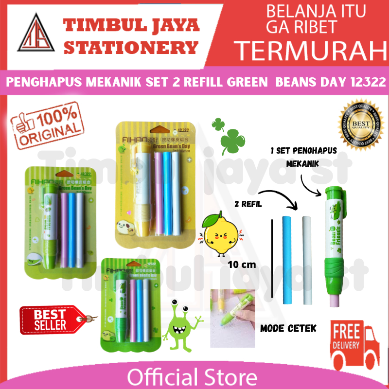 

Penghapus mekanik lucu putar set 2 refill aesthetic hapusan pencil mekanik cetek karakter unik green beans day 12322