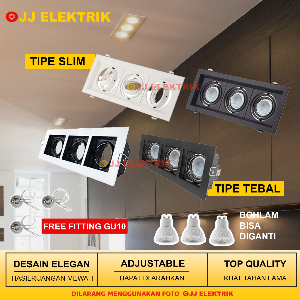 Lampu Downlight LED 3 Mata Sorot Plafon GU10 Bohlam Spotlight Bisa Diganti