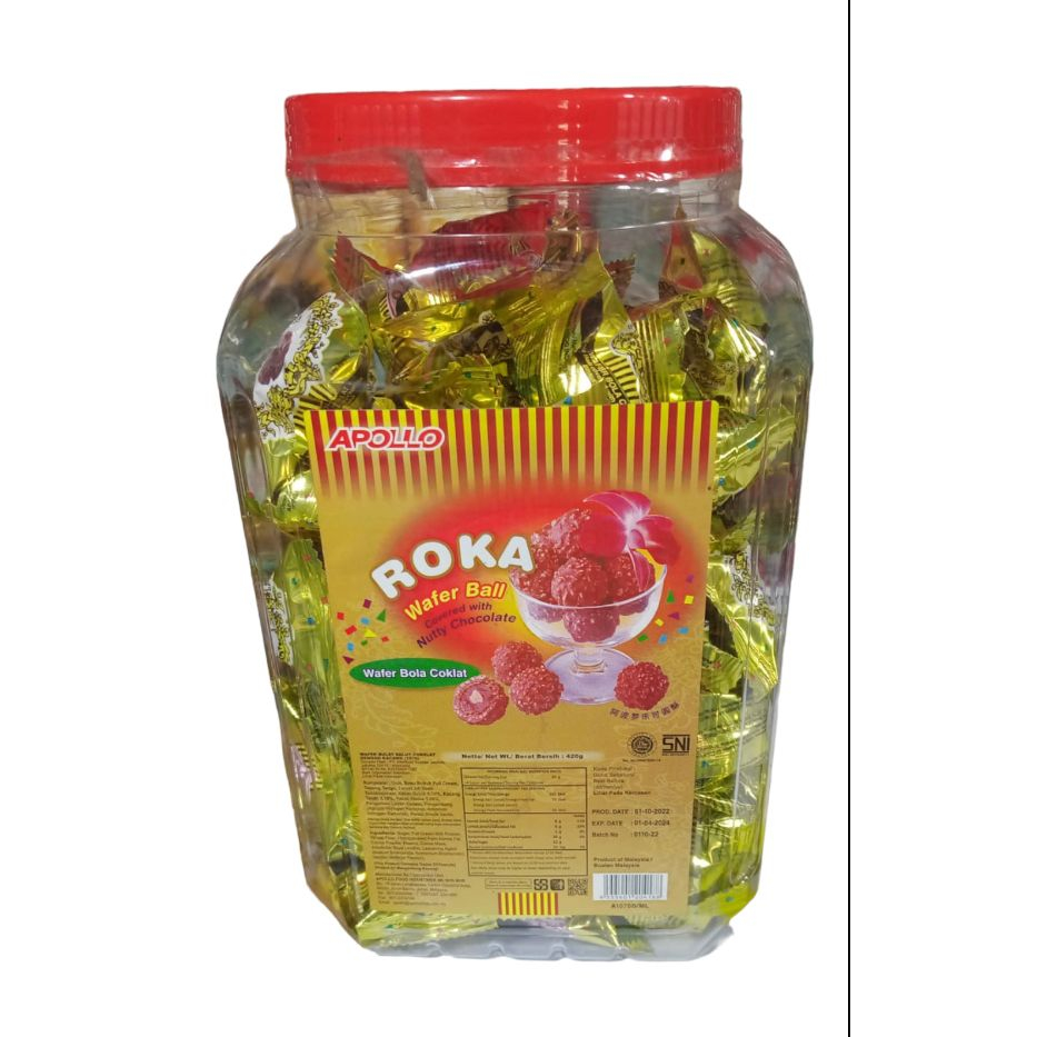 

Apollo Roka Toples 70 pcs / Roka Apollo Coklat Wafer Ball Kemasan Toples / Coklat roka