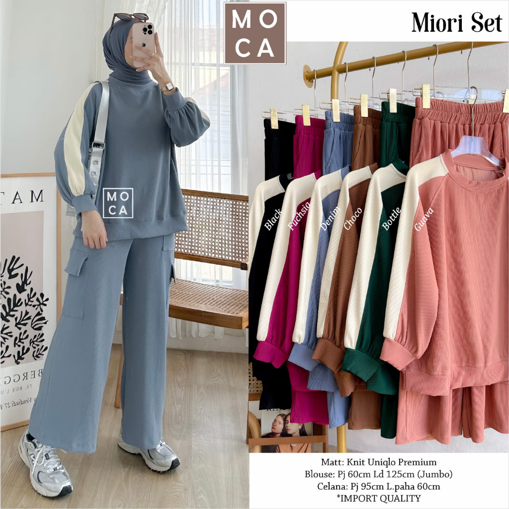 MIORI SET SETELAN BAJU WANITA BLOUSE OVERSIZE DAN CELANA KULOT CARGO ONESET CASUAL BAHAN KNIT UNIQLO