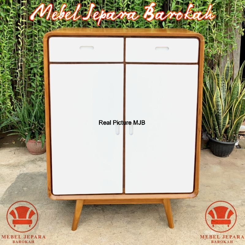Meja Hias Retro Kayu Jati Kombinasi Duco Putih Meja Nakas Skandinavian Lemari Kabinet 2 Laci Serbagu