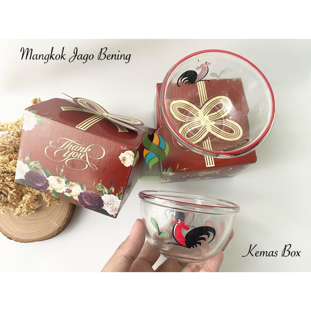 Souvenir Mangkok BIB3.75 Ayam Mangkok Sambal Jago Bening Mangkuk Kaca Motif Ayam Kukuruyuk Kemas Box