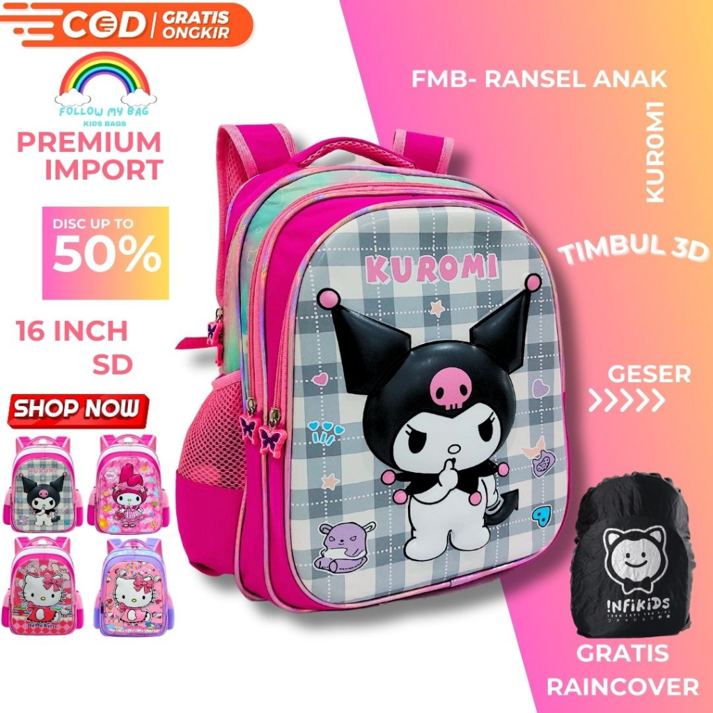 Tas Ransel Sekolah Kuromi Perempuan SD - Tas Sekolah Anak Perempuan SD - FMB 6215 Karakter Hello Kit