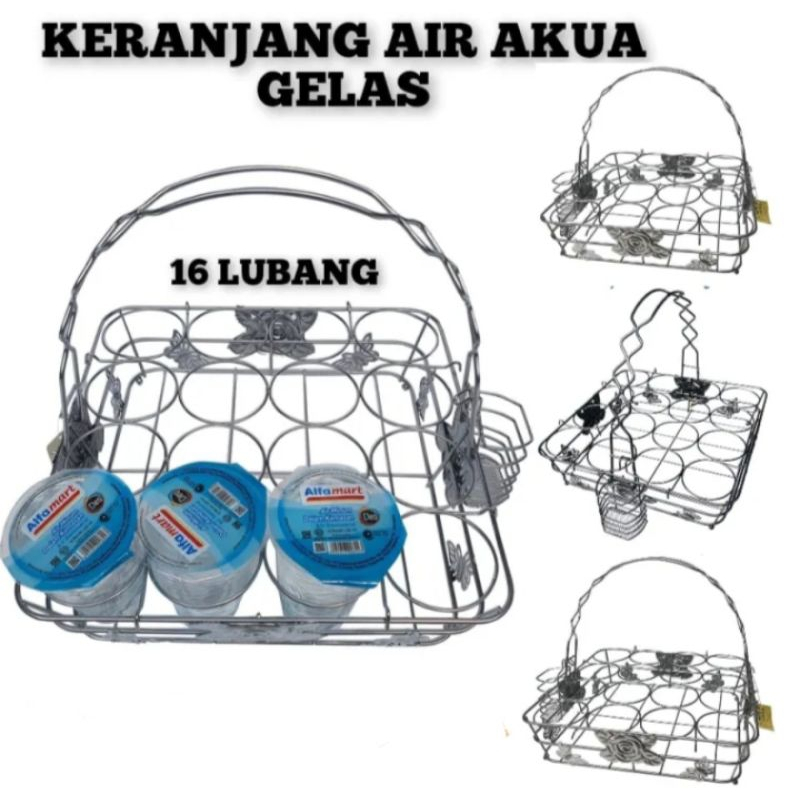 Keranjang Aqua Gelas Stainles Stel Tempat Rak Air Mineral 12/16 Lubang