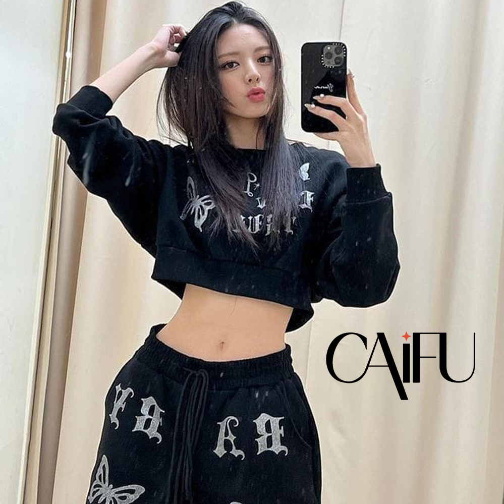 ONE SET CROP YUNA GLIRTER SWEATER CROP TOP - JOGGER WANITA SET KOREA TERBARU