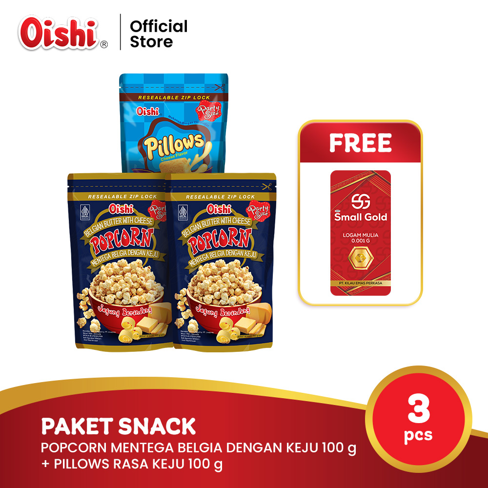 

Oishi Paket Snack Popcorn & Pillows Keju (3 pcs) FREE Mini Gold