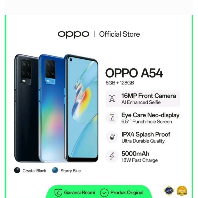 OPPO a54 ram rom 6/128gb triple camera side fingerprint hp  second