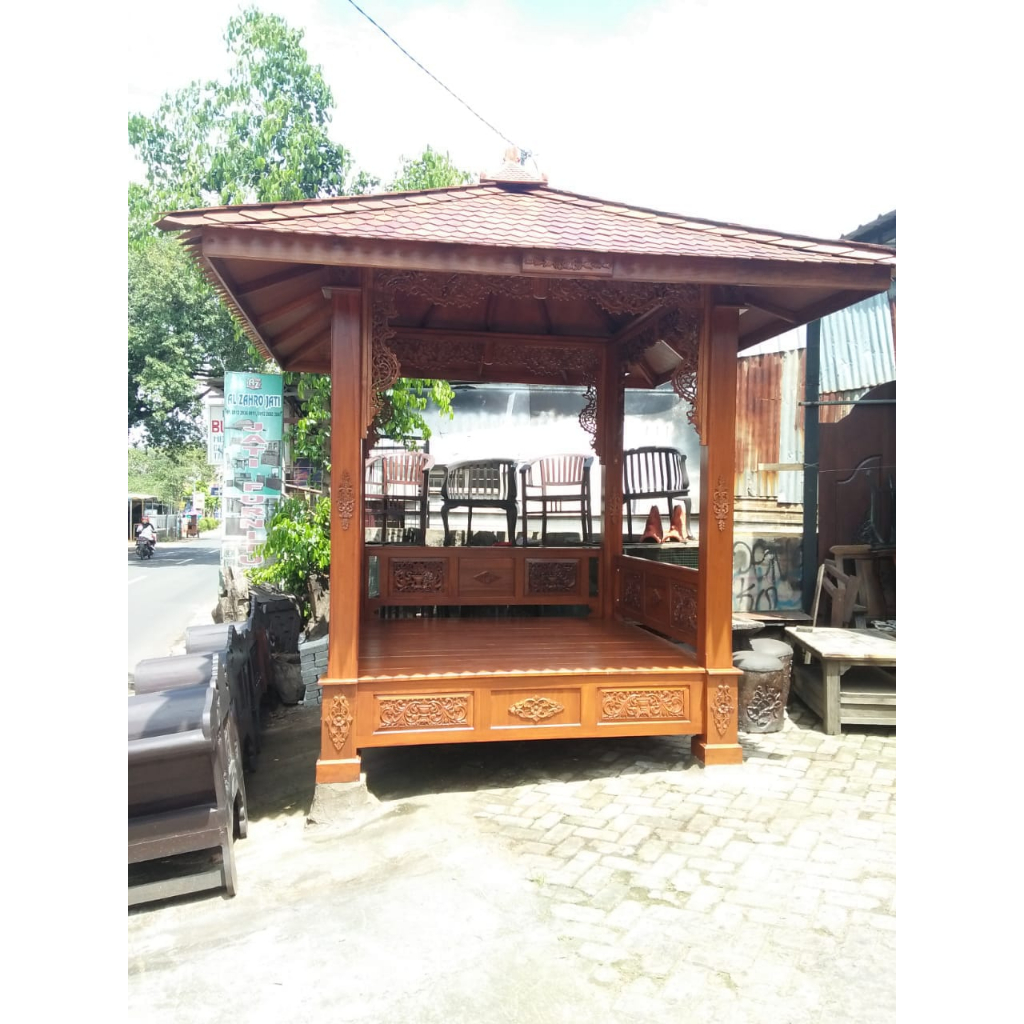 Gazebo Taman Jati Gebyok Minimalis | Gazebo Ukiran Kayu Jati