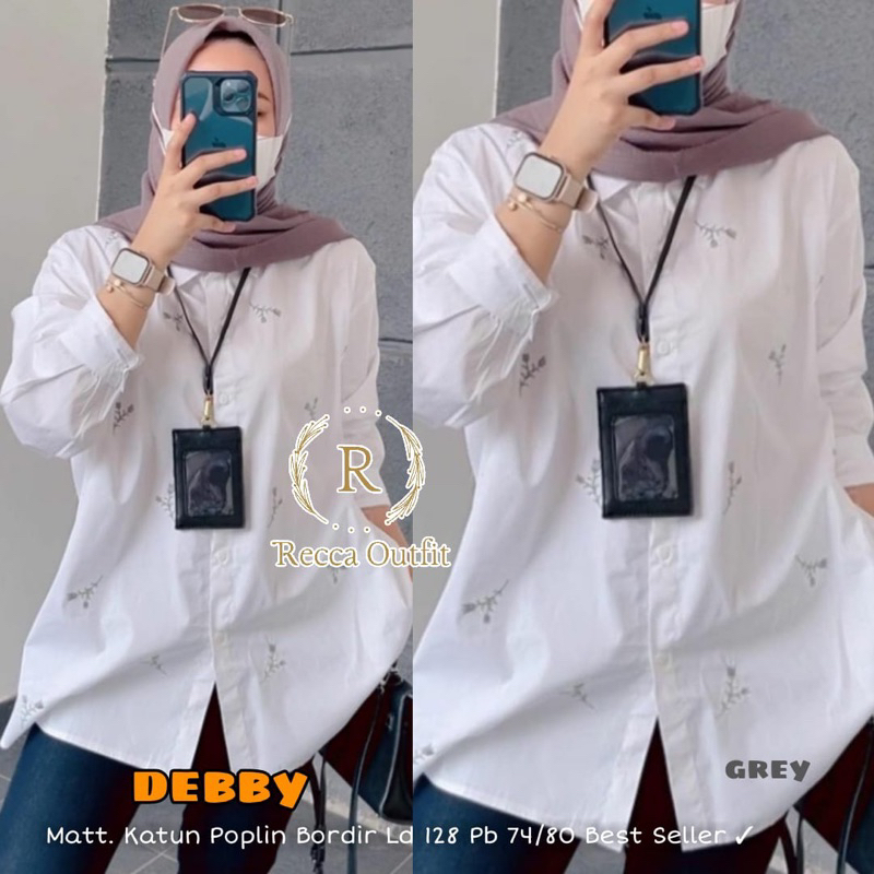 Debby Kemeja By Recca Outfit. Kemeja Putih Blouse Wanita Katun Poplin Motif Bunga Bordir Cantik Jumb